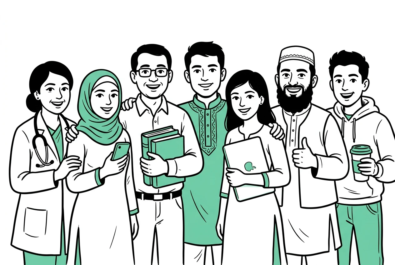Illustration of the people we work for: a doctor, a student, a teacher, shop owners and more